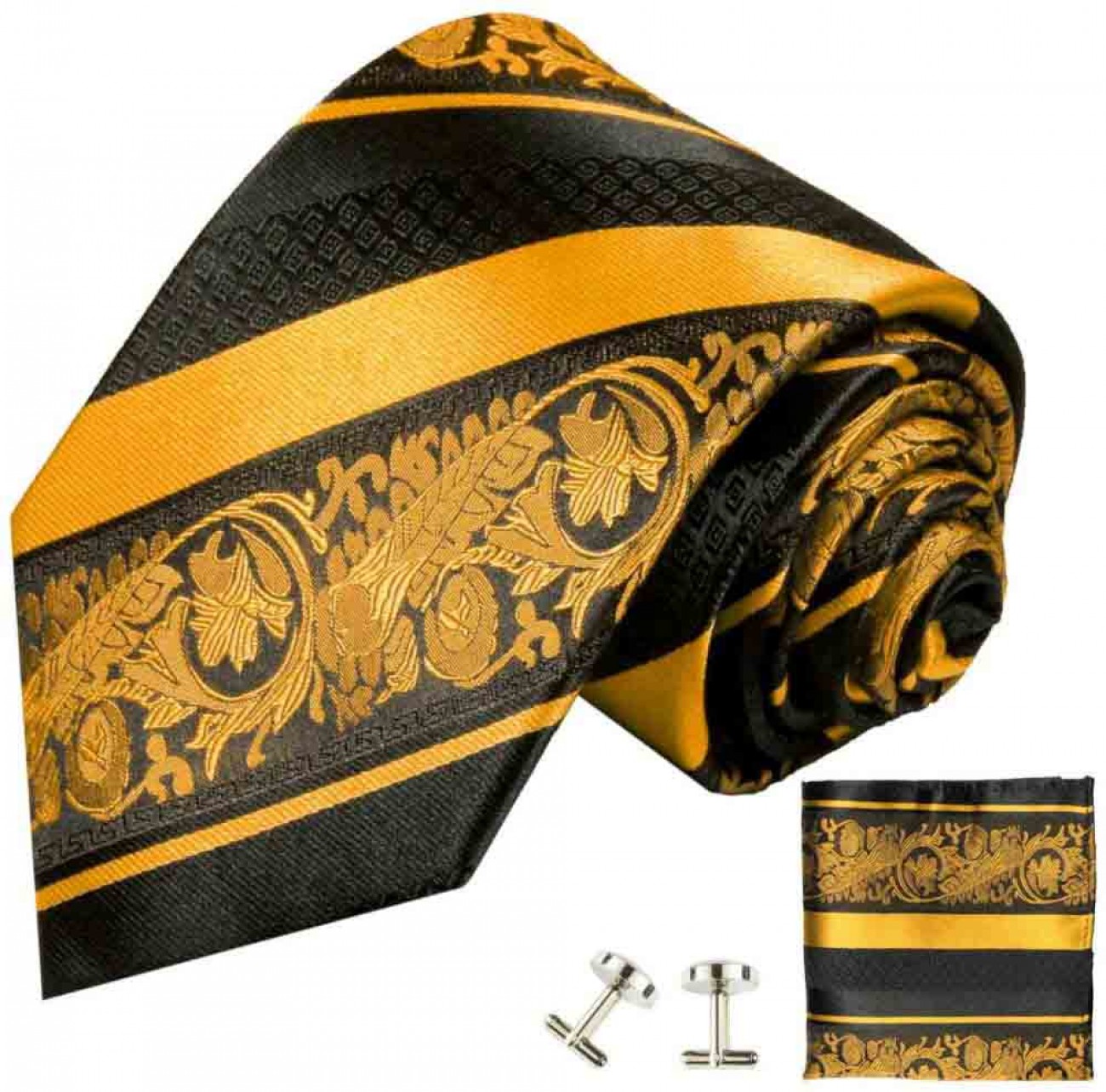 Krawatte gelb barock gestreift Seidenkrawatte - Seide - Krawatte mit Einstecktuch und Manschettenknöpfe