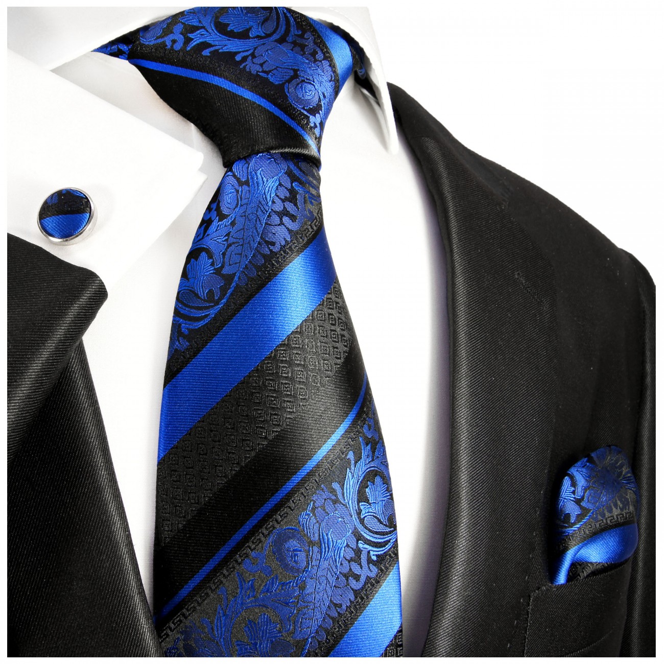 Blaue Krawatte seide barock mit Einstecktuch und Manschettenknöpfen