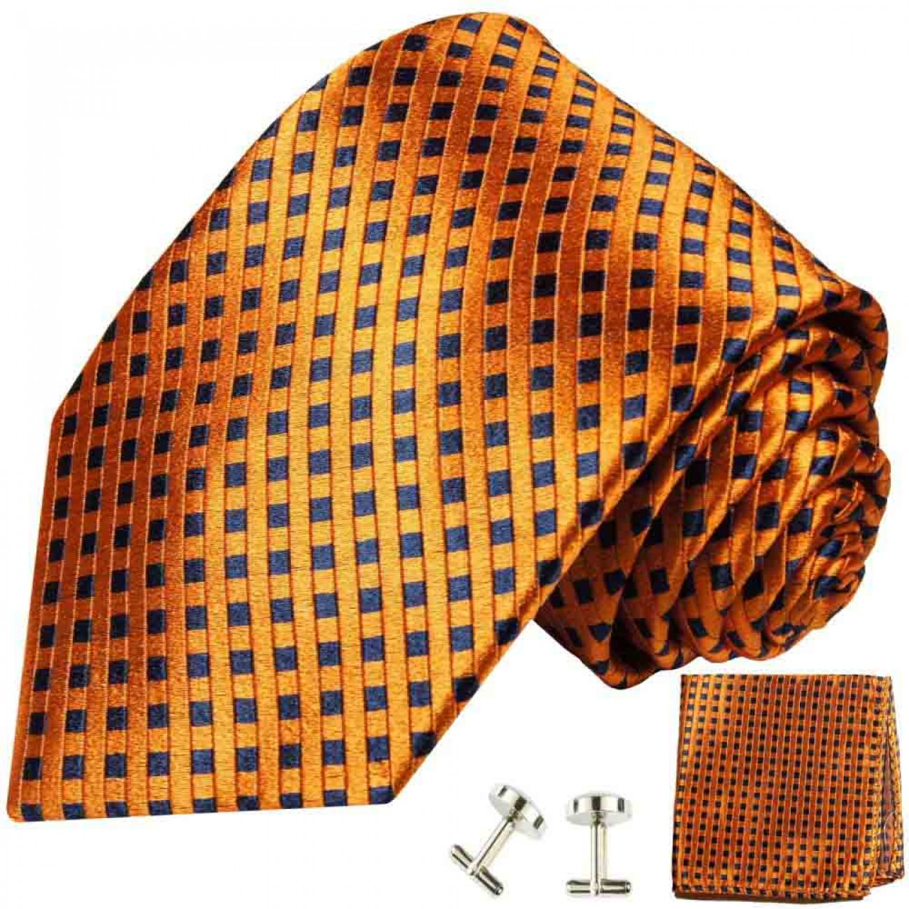 Krawatte orange gepunktet Seidenkrawatte - Seide - Krawatte mit Einstecktuch und Manschettenknöpfe