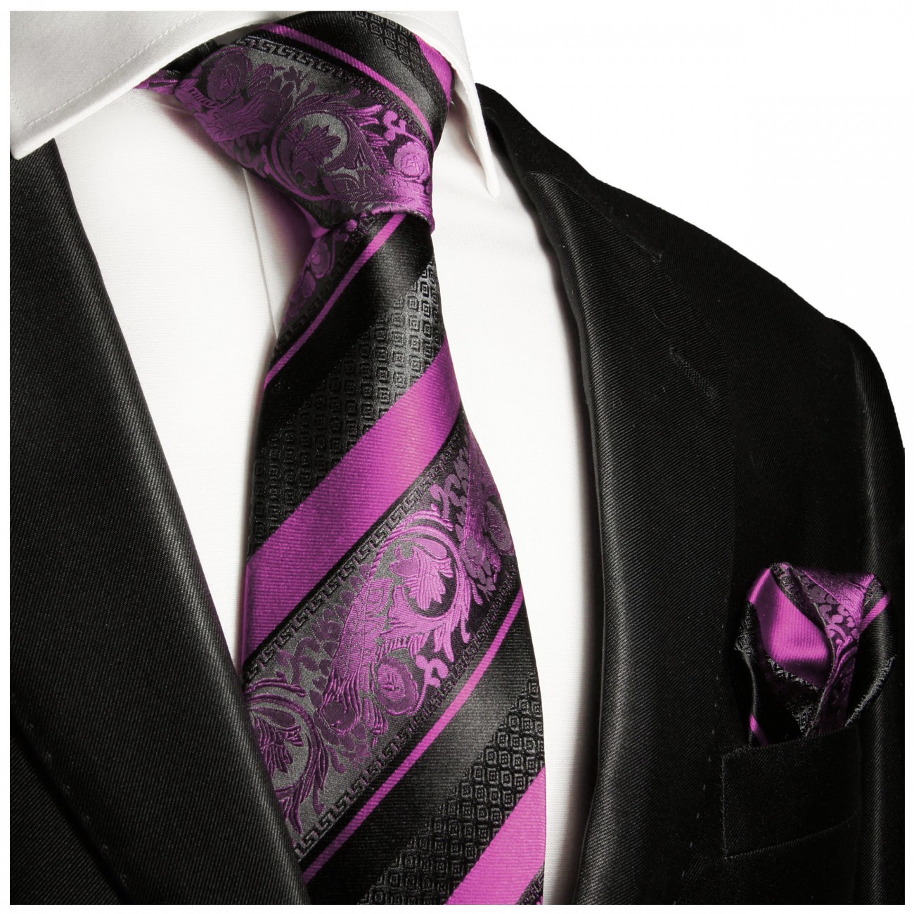 Krawatte pink schwarz barock gestreift Seide mit Einstecktuch