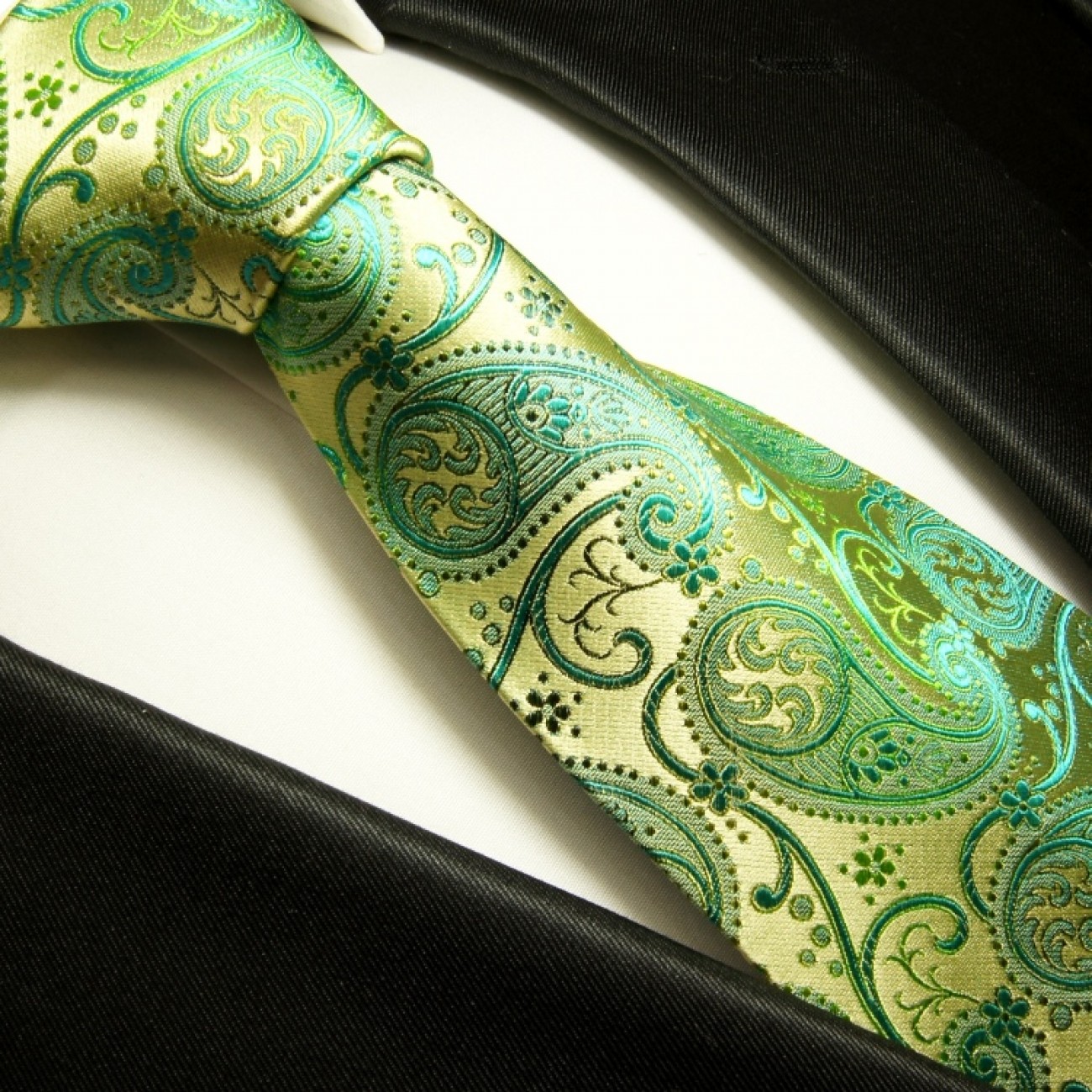 Krawatte grün gold paisley Seidenkrawatte - Seide - Krawatte mit Einstecktuch und Manschettenknöpfe