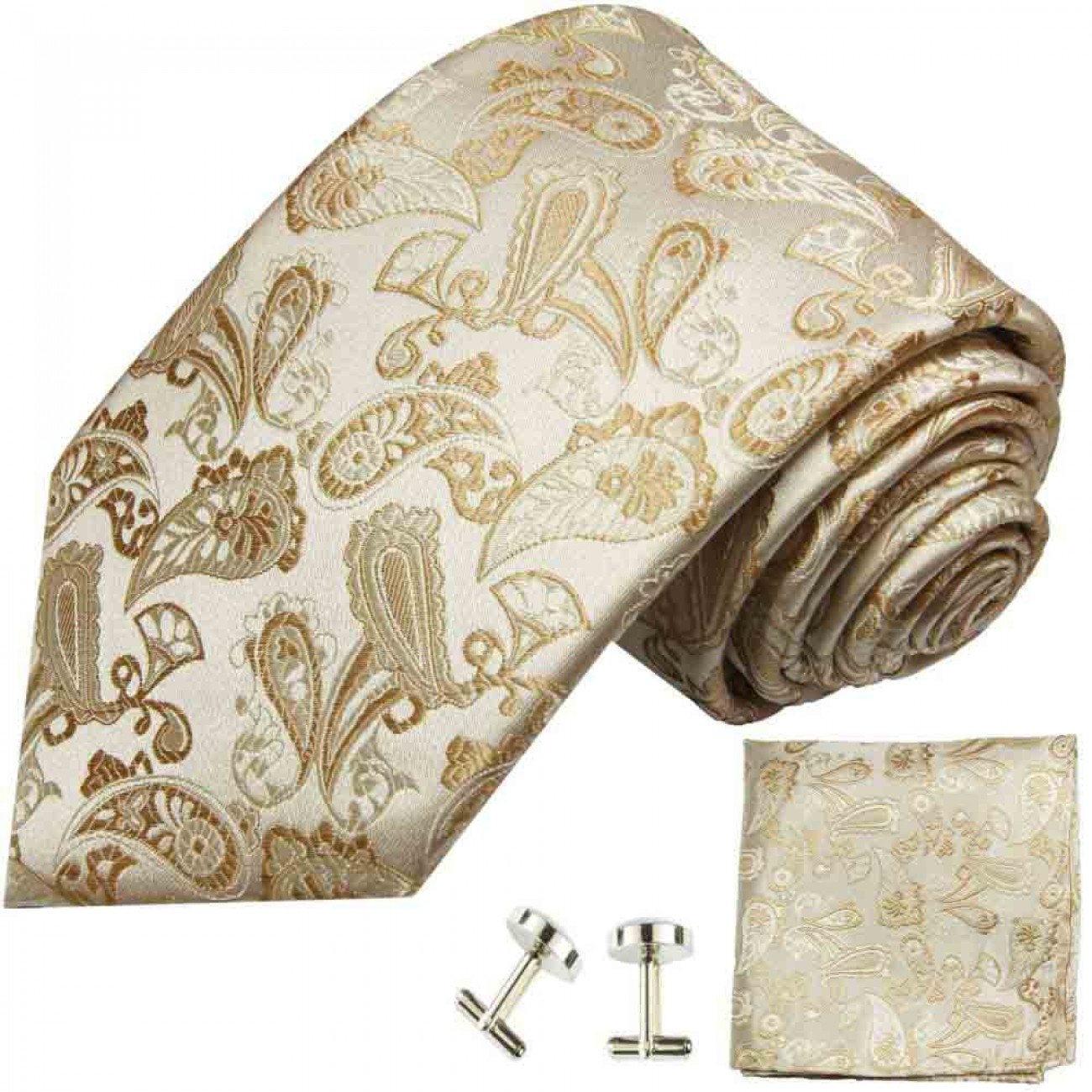 Krawatte ivory braun paisley Seidenkrawatte - Seide - Krawatte mit Einstecktuch und Manschettenknöpfe