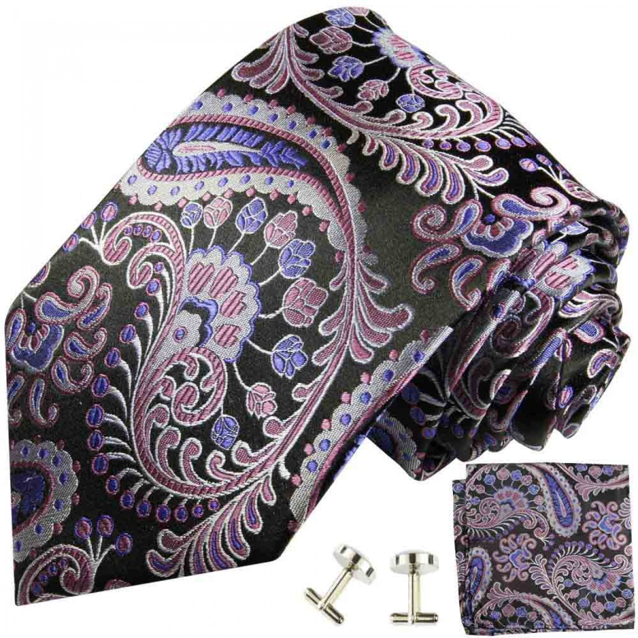 Krawatte lila paisley Seidenkrawatte - Seide - Krawatte mit Einstecktuch und Manschettenknöpfe