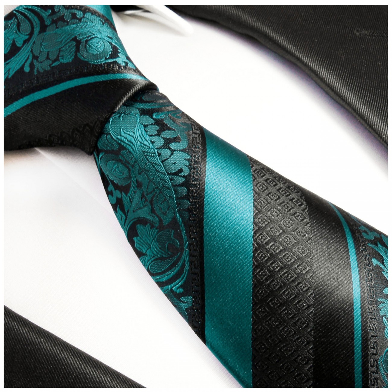 Krawatte petrol barock gestreift Seidenkrawatte - Seide - Krawatte mit Einstecktuch und Manschettenknöpfe