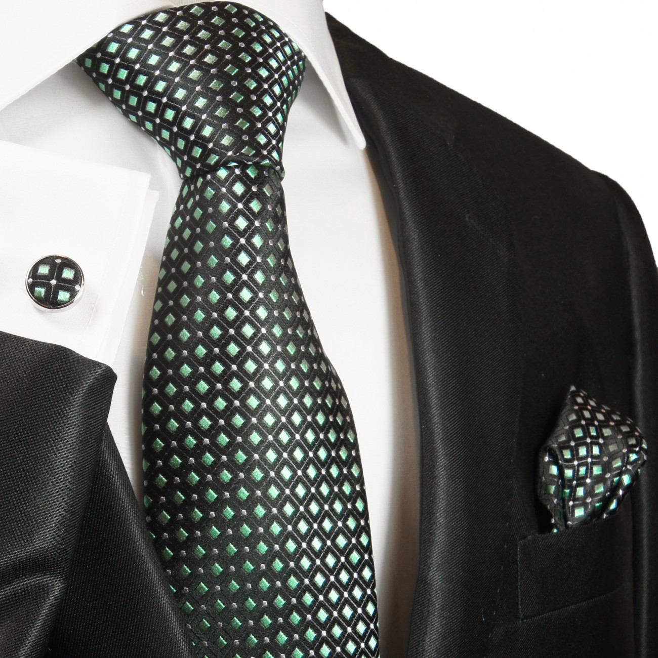 Krawatte grün gepunktet Seidenkrawatte - Seide - Krawatte mit Einstecktuch und Manschettenknöpfe
