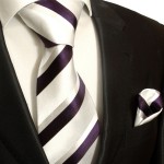 Weiß lila Krawatten Set 2tlg Seidenkrawatte violett + Einstecktuch 944