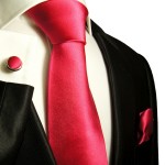 Dark solid pink necktie set 3pcs + handkerchief + cufflinks 505