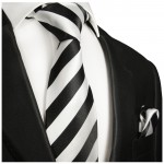 Schwarz weiß gestreift Krawatten Set 2tlg 100% Seidenkrawatte mit Einstecktuch 832