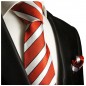Preview: Krawatte rot silber gestreift Seide mit Einstecktuch