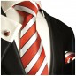 Preview: Krawatte rot silber gestreift Seide mit Einstecktuch und Manschettenknöpfe