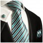 Preview: Krawatte türkis gestreift mit Einstecktuch und Manschettenknöpfe 250
