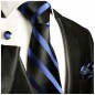 Preview: Krawatte schwarz blau mit Einstecktuch und Manschettenknöpfen 295