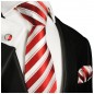 Preview: Krawatte rot weiß gestreift Seide mit Einstecktuch und Manschettenknöpfe