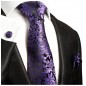 Preview: Krawatte lila violett floral Seide mit Einstecktuch und Manschettenknöpfe