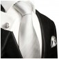 Preview: Krawatte silber uni gestreift Seide mit Einstecktuch und Manschettenknöpfe