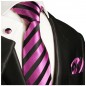 Preview: Krawatte pink schwarz gestreift Seide mit Einstecktuch und Manschettenknöpfe