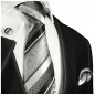 Preview: Krawatte silber schwarz barock gestreift Seide mit Einstecktuch und Manschettenknöpfe