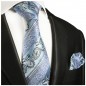 Preview: Hellblaue Krawatte mit Einstecktuch paisley gestreift Seide 384