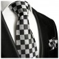 Preview: Krawatte grau schwarz Seide kariert mit Einstecktuch