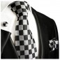 Preview: Krawatte grau schwarz Seide kariert mit Einstecktuch und Manschettenknöpfen