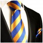 Preview: Krawatte orange blau gestreift mit Einstecktuch Seide 409