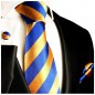 Preview: Krawatte orange blau gestreift mit Einstecktuch und Manschettenknöpfen Seide 409