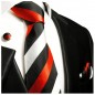 Preview: Krawatte rot silber schwarz gestreift Seide mit Einstecktuch und Manschettenknöpfe