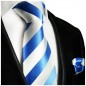 Preview: Krawatte hellblau mit Einstecktuch weiss gestreift Seide 413