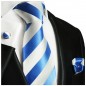 Preview: Krawatte hellblau mit Einstecktuch und Manschettenknöpfen weiss gestreift Seide 413