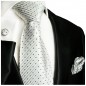 Preview: Krawatte silber weiß Seide gestreift mit Einstecktuch und Manschettenknöpfen