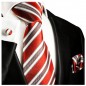 Preview: Krawatte rot grau gestreift Seide mit Einstecktuch und Manschettenknöpfe