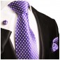 Preview: Krawatte lila violett gepunktet Seide mit Einstecktuch und Manschettenknöpfe