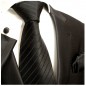 Preview: Krawatte schwarz uni gestreift Seide mit Einstecktuch und Manschettenknöpfe