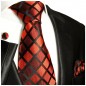 Preview: Krawatte rot schwarz kariert Seide mit Einstecktuch und Manschettenknöpfe