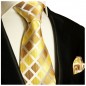 Preview: Krawatte gold braun kariert mit Einstecktuch
