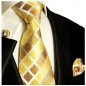 Preview: Krawatte gold braun kariert mit Einstecktuch und Manschettenknöpfe