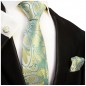 Preview: Krawatte grün gelb mit Einstecktuch und Manschettenknöpfen