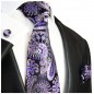Preview: Krawatte lila violett paisley mit Einstecktuch und Manschettenknöpfe