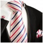 Preview: Krawatte pink rosa blau gestreift Seide mit Einstecktuch und Manschettenknöpfen