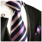 Preview: Krawatte dunkelblau pink gestreift mit Einstecktuch und Manschettenknöpfen 608
