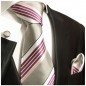 Preview: Krawatte silber grau pink gestreift Seide mit Einstecktuch und Manschettenknöpfe
