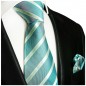 Preview: Krawatte türkis grün gestreift mit Einstecktuch Seide 715
