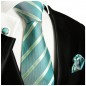 Preview: Krawatte türkis grün gestreift mit Einstecktuch und Manschettenknöpfe Seide 715