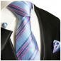 Preview: Krawatte hellblau pink gestreift mit Einstecktuch und Manschettenknöpfen 727