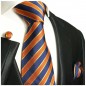 Preview: Krawatte blau orange gestreift mit Einstecktuch und Manschettenknöpfen 728