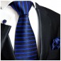 Preview: Krawatte blau gestreift mit Einstecktuch und Manschettenknöpfen 765