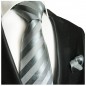 Preview: Krawatte grau silber gestreift Seide mit Einstecktuch