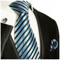 Preview: Krawatte türkis blau mit Einstecktuch und Manschettenknöpfen gestreift Seide 831