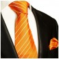 Preview: Krawatte orange gold gestreift mit Einstecktuch