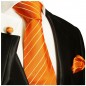 Preview: Krawatte orange gold gestreift mit Einstecktuch und Manschettenknöpfe